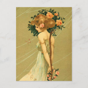 Vintage Pretty Girl With Pink Roses and Butterfly Postcard