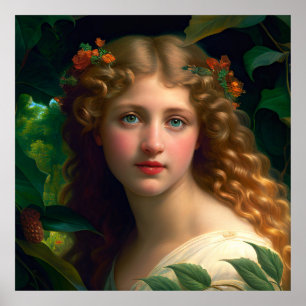 Vintage Pretty Girl With Red Flowers Poster