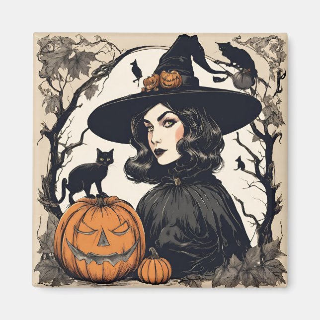 Vintage Pretty Halloween Witch with Black Cats Magnet (Front)