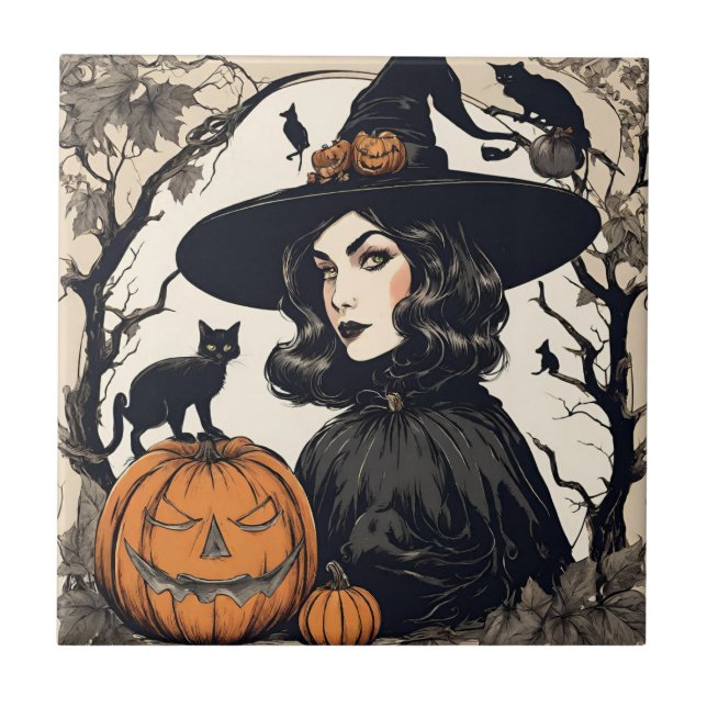 Vintage Pretty Halloween Witch with Black Cats Tile (Front)