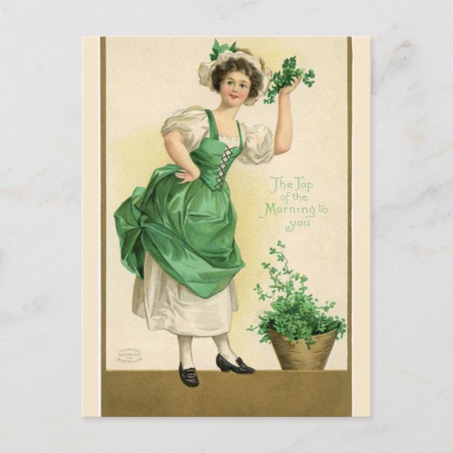Vintage Pretty Irish Lady With Shamrocks Postcard (Front)