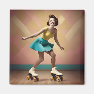 Vintage Pretty Lady Roller Skating Lets Roll, Magnet