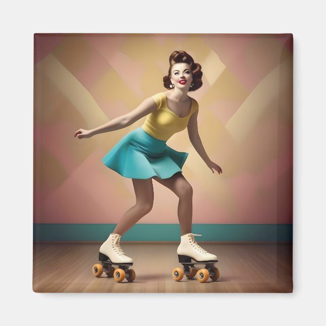 Vintage Pretty Lady Roller Skating Lets Roll,  Magnet (Front)