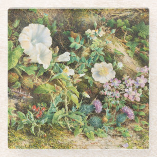 Vintage pretty petunias flowers floral painting glass coaster