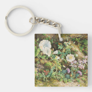 Vintage pretty petunias flowers floral painting key ring