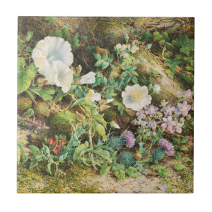 Vintage pretty petunias flowers floral painting tile