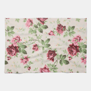 Vintage pretty red and pink roses floral pattern tea towel