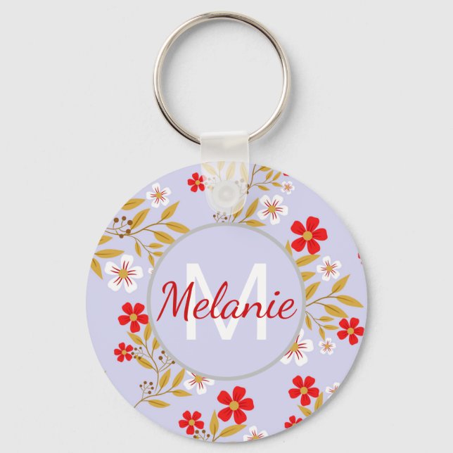 Vintage Pretty Red Flowers Pattern Personalised Key Ring (Front)