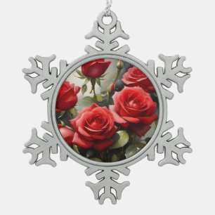 Vintage pretty red Roses watercolor painting Snowflake Pewter Christmas Ornament