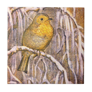 Vintage pretty Robin bird on a snowy branch Tile