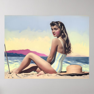 Vintage Pretty Woman Sits On The Beach Sand Poster