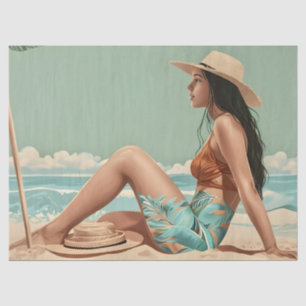 Vintage Pretty Woman Sits On The Beach Sand Tissue Paper