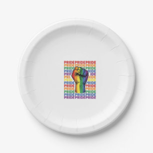 Vintage Pride Raised Fist Rainbow Shirt Design_1 Paper Plate