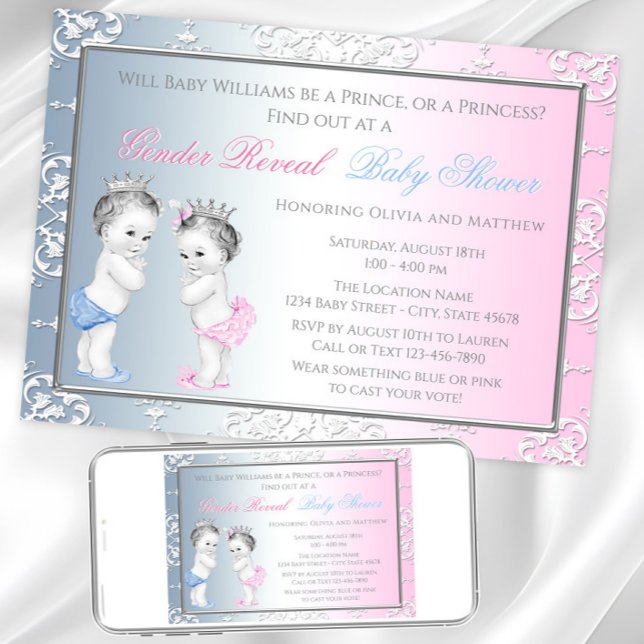 Vintage Prince Princess Gender Reveal Baby Shower Invitation (Adorable gender reveal or twins invitation. Instant download and printed invitations available.)