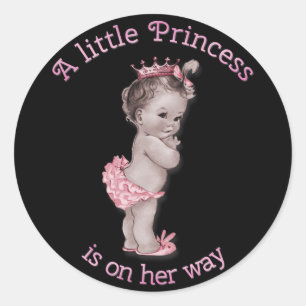 Vintage Princess Baby Shower Black Pink Classic Round Sticker