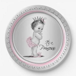 Vintage Princess Baby Shower Pink Silver Paper Plate