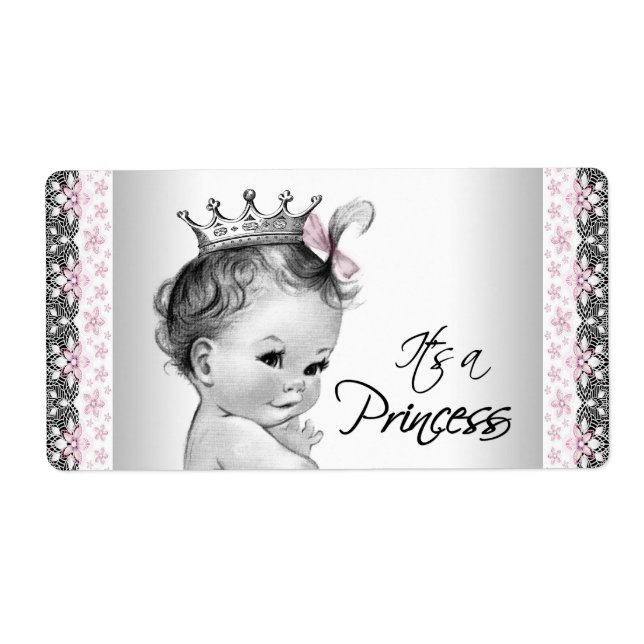 Vintage Princess Baby Shower Water Bottle Labels (Front)