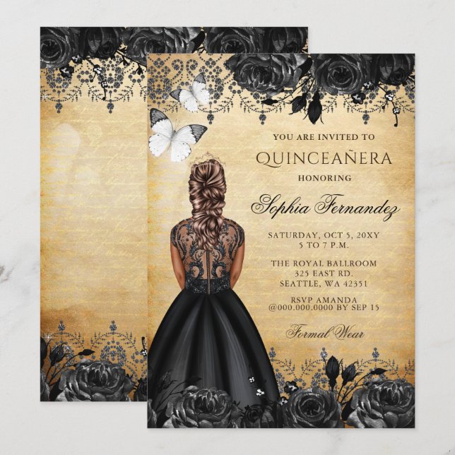 Vintage Princess Black Butterfly Quinceañera  Invitation (Front/Back)
