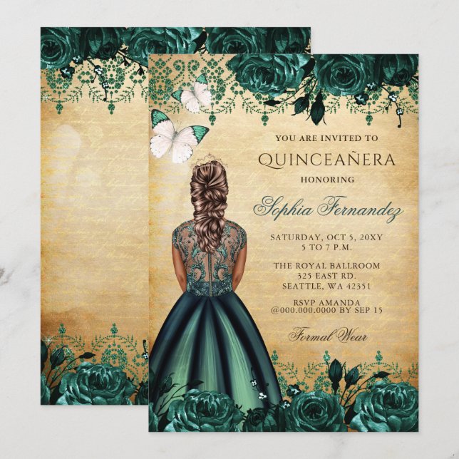 Vintage Princess Green Butterfly Quinceañera Invitation (Front/Back)