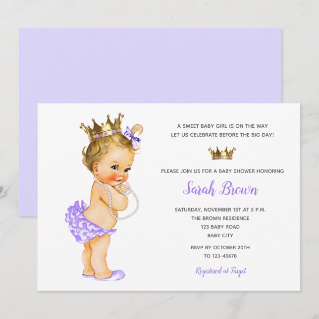 Vintage Princess Invitations Purple Baby Blonde (Front/Back)