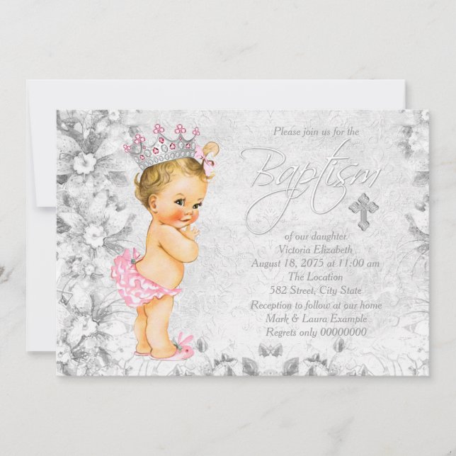 Vintage Princess Pink and Grey Baptism Invitation (Front)
