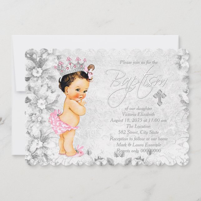 Vintage Princess Pink and Grey Baptism Invitation (Front)