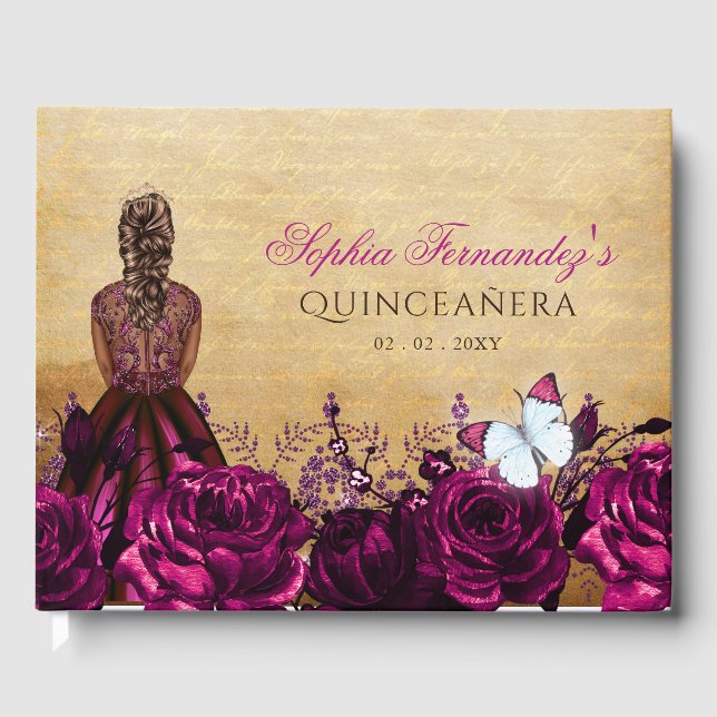 Vintage Princess Pink Butterfly Quinceañera    Guest Book (Front)