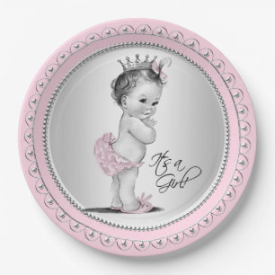 Vintage Princess Pink Silver Girl Baby Shower Paper Plate