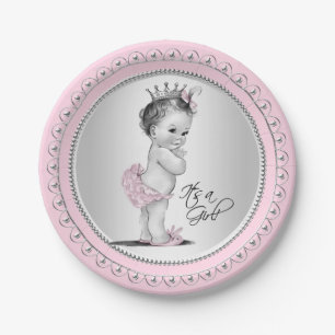 Vintage Princess Pink Silver Girl Baby Shower Paper Plate
