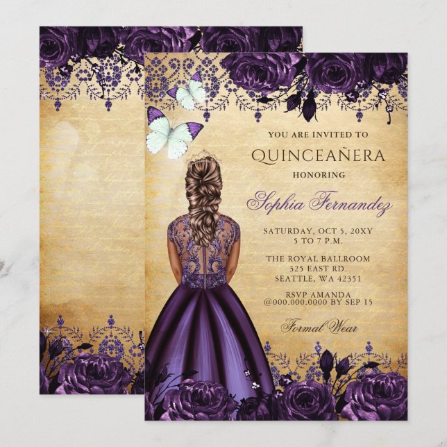 Vintage Princess Purple Butterfly Quinceañera  Invitation (Front/Back)