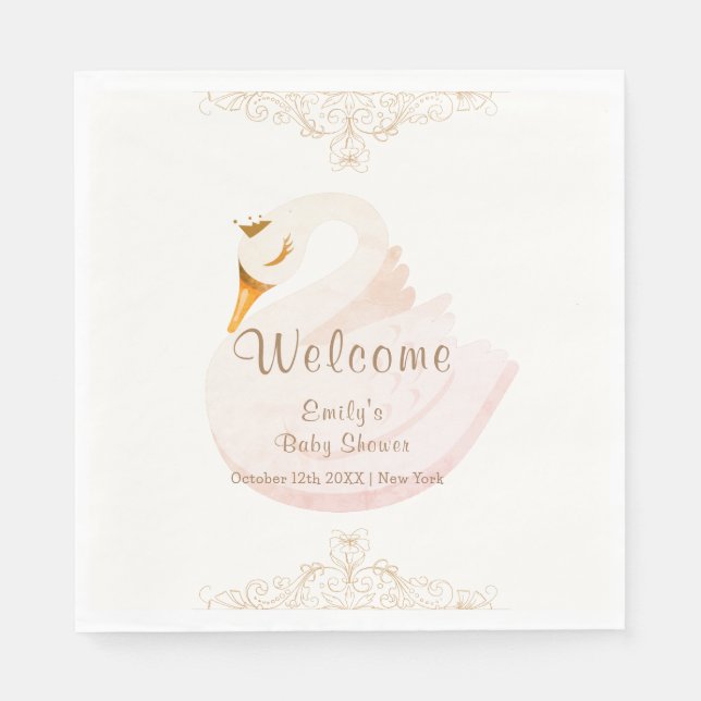Vintage Princess Swan Girl Baby Shower Welcome Napkin (Front)