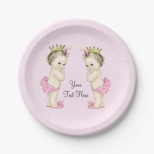 Vintage Princess Twin Baby Girl Paper Plate (Front)