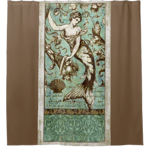 vintage print mermaid shower curtain