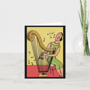 Vintage Print of Woman Playing Harp Card