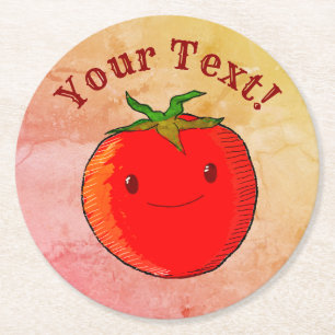Vintage Print Style Cute Cartoon Tomato Round Paper Coaster
