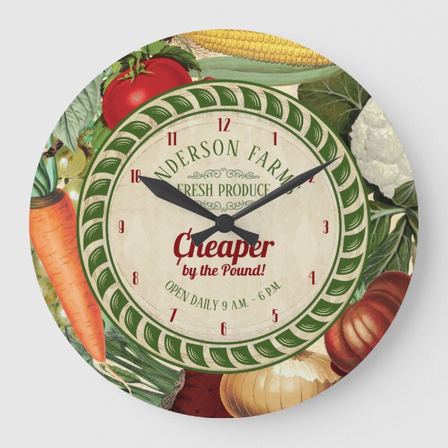 Vintage produce farm personalised kitchen large clock (Front)