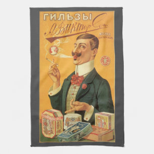 Vintage Product Label, Russian Cigarette Tobacco Tea Towel