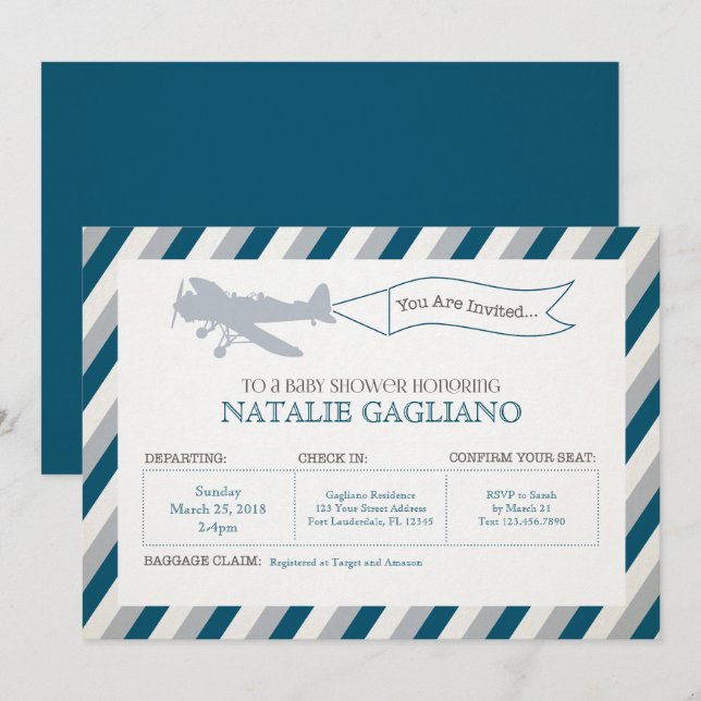 Vintage Propeller Aeroplane Baby Shower Invitation (Front/Back)