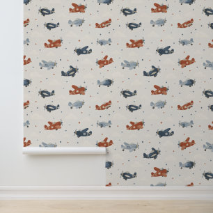 Vintage Propeller Aeroplane Pattern in Navy Blue Wallpaper
