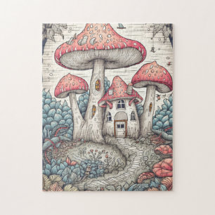 Vintage Psychedelic Mushroom House Illustration Jigsaw Puzzle