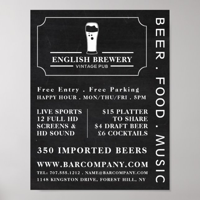 Vintage Pub Chalkboard, Pub/Brewery Advertising Poster (Front)
