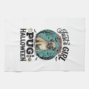 Vintage Pug Halloween Girl Dog Lover Shirt Design_ Tea Towel