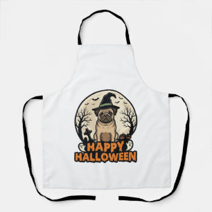 Vintage Pug Happy Halloween Witch Hat Shirt Design Apron