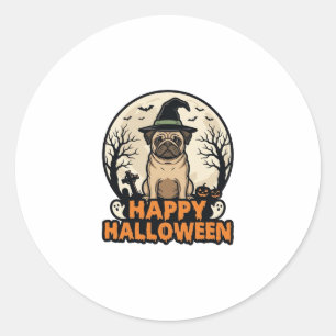 Vintage Pug Happy Halloween Witch Hat Shirt Design Classic Round Sticker