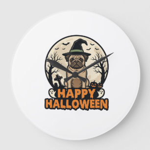 Vintage Pug Happy Halloween Witch Hat Shirt Design Large Clock