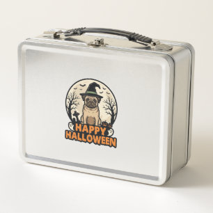 Vintage Pug Happy Halloween Witch Hat Shirt Design Metal Lunch Box