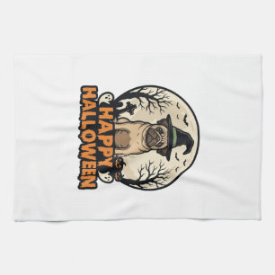 Vintage Pug Happy Halloween Witch Hat Shirt Design Tea Towel