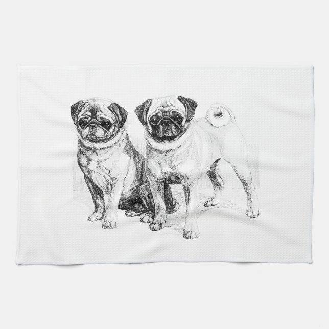 Vintage Pug Illustration Tea Towel (Horizontal)