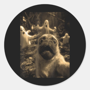 Vintage Pug Selfie With Ghosts Haunted Forest Classic Round Sticker