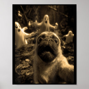 Vintage Pug Selfie With Ghosts Haunted Forest Poster